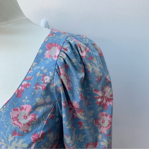 Vintage Laura Ashley Size 14 Cotton Tea Dress Button Front Blue Cornflower Pink - Picture 6 of 13